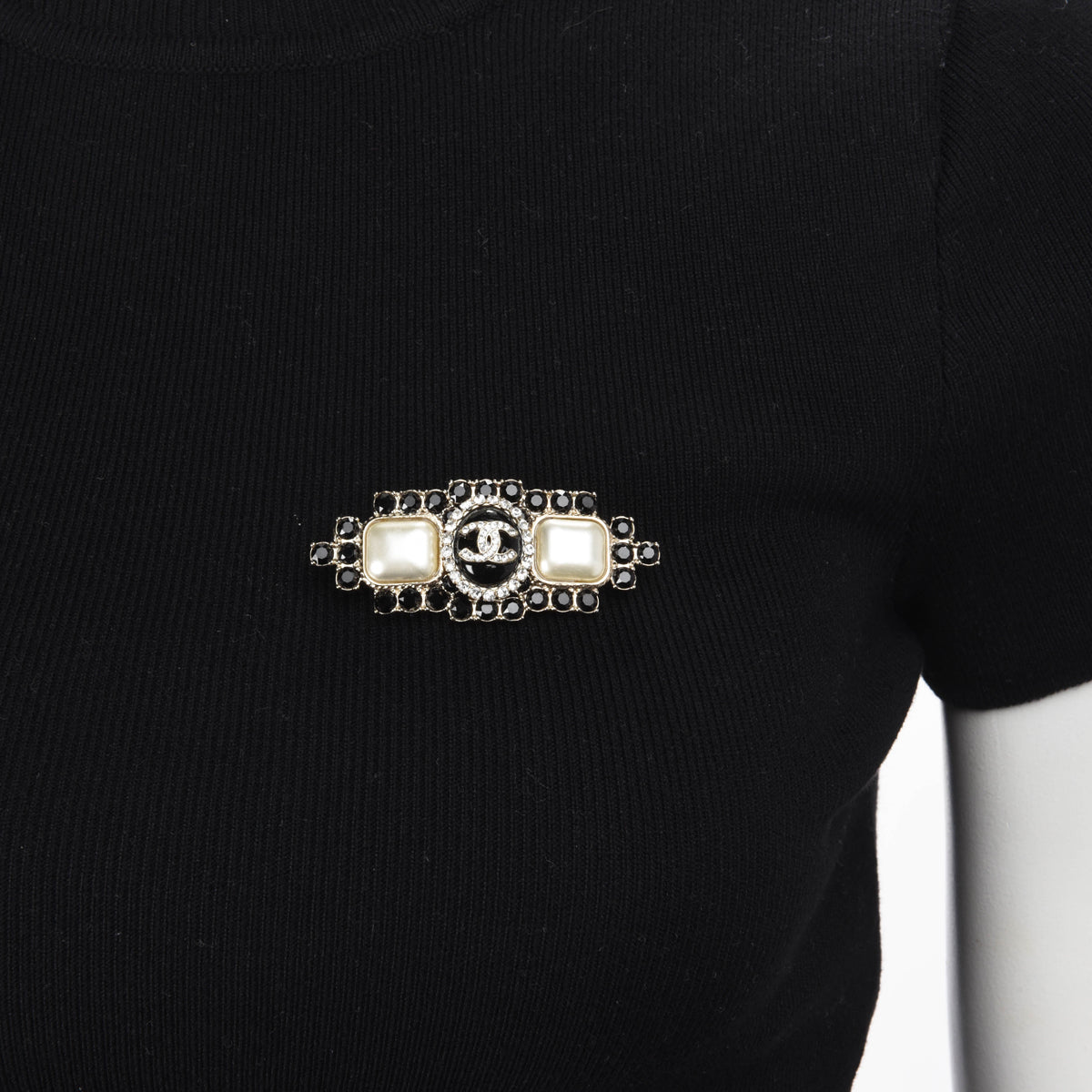 Chanel Pearl & Black Crystal CC Bar Brooch