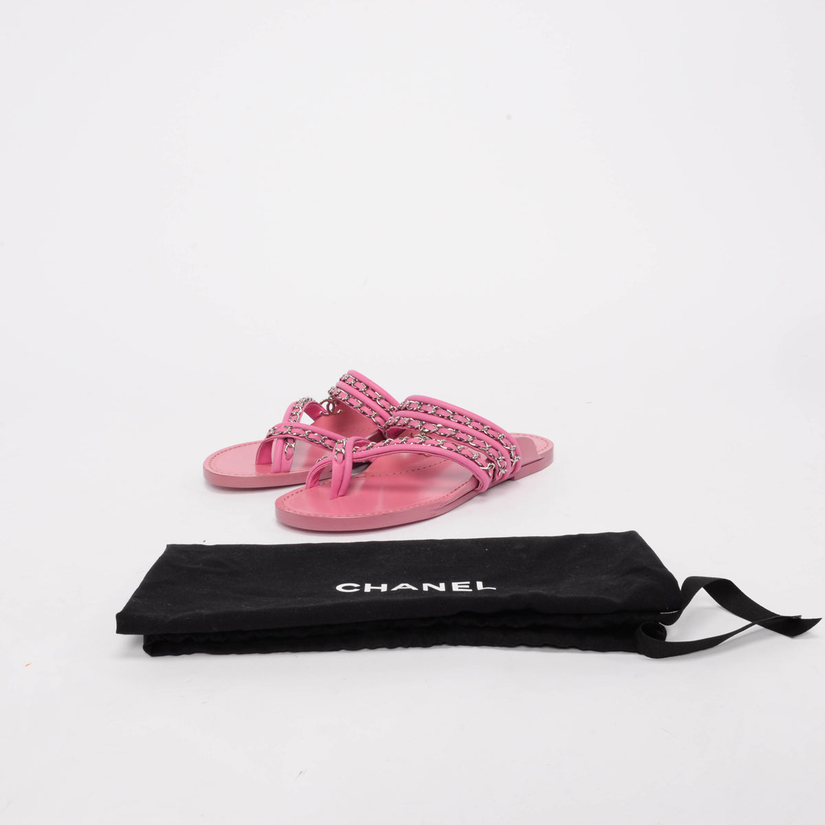 Chanel Pink Calfskin CC Chain Thong Sandals 38