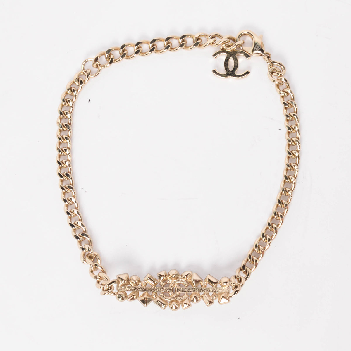 Chanel Light Gold Crystal CC Bar Choker Necklace