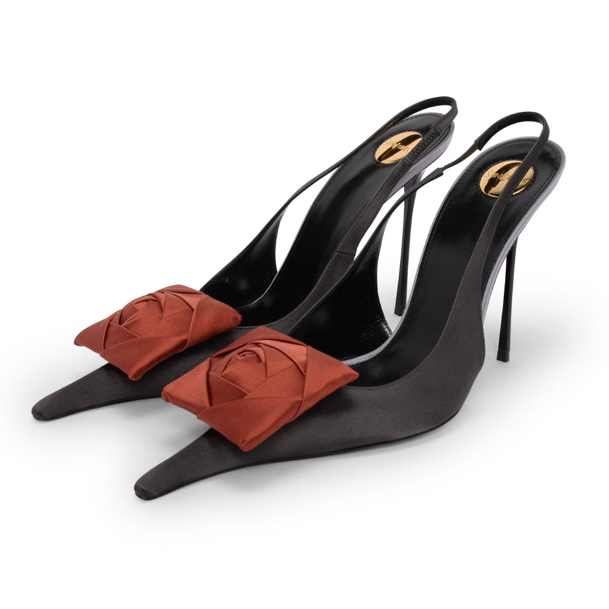 Saint Laurent Charcoal Satin Crepe Amalia Embellished Slingback Pumps 41
