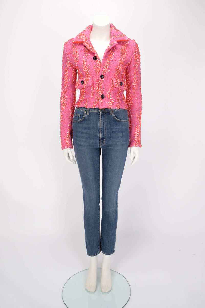 Bottega Veneta Bubblegum & Tomato Boucle Cropped Jacket IT 36