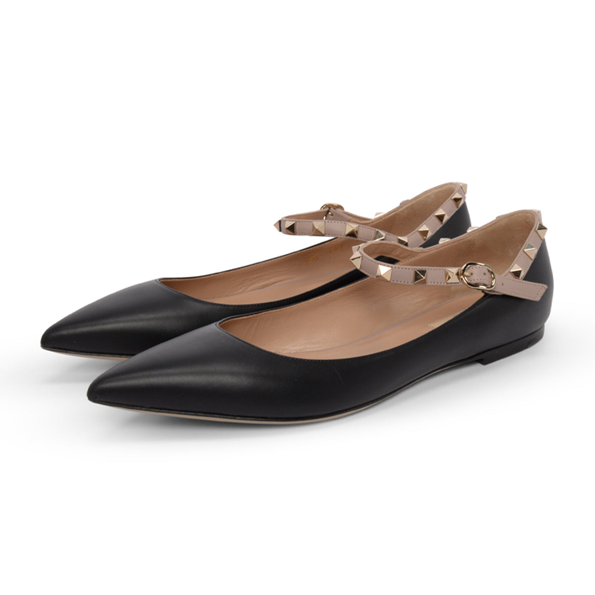 Valentino Black & Poudre Calfskin Rockstud Ankle Strap Ballerina Flats 41