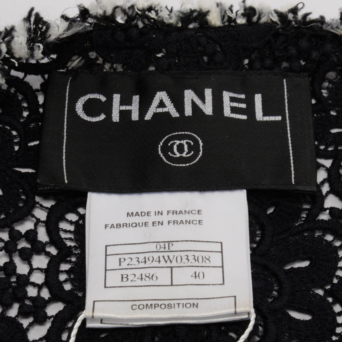 Chanel Black & White Lace Applique Jacket FR 40
