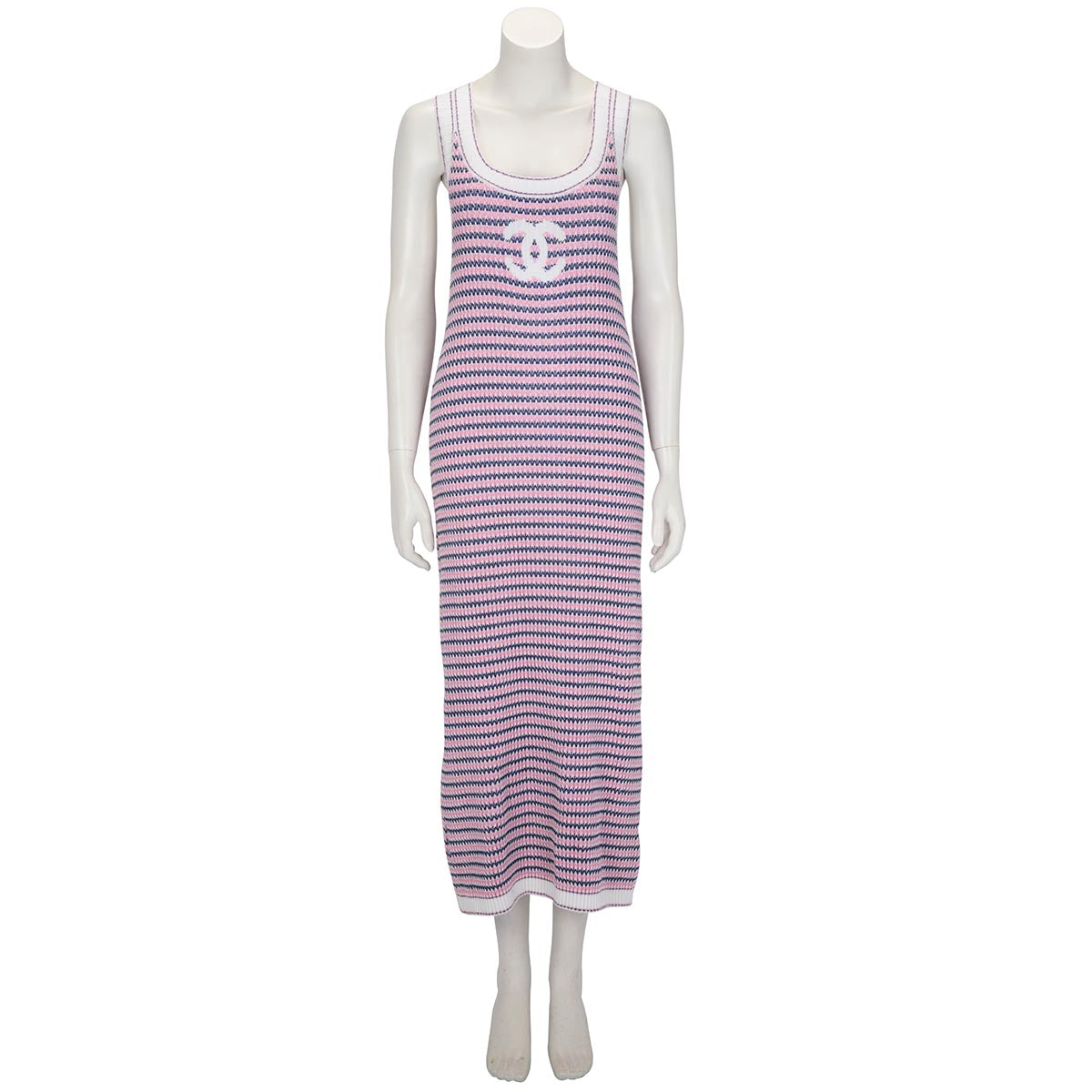 Chanel Pink Striped Knit CC Tank Dress FR 42