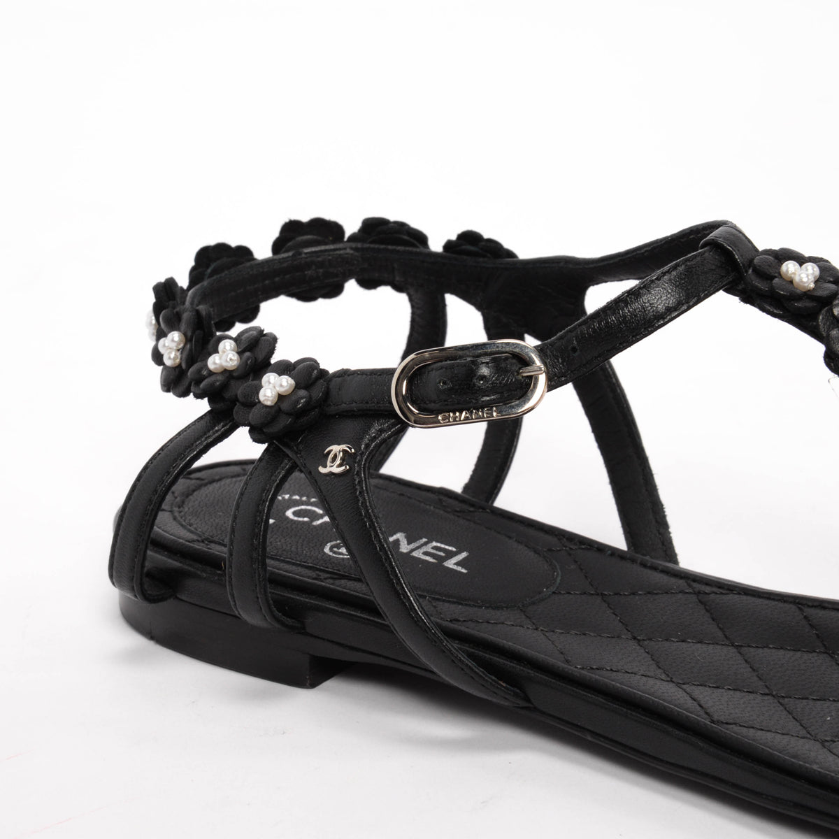 Chanel Black Lambskin & Pearl Camellia Thong Sandals 37