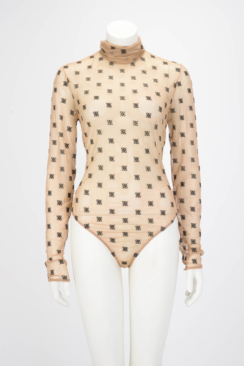 Fendi Beige Karligraphy Tulle Bodysuit IT 46