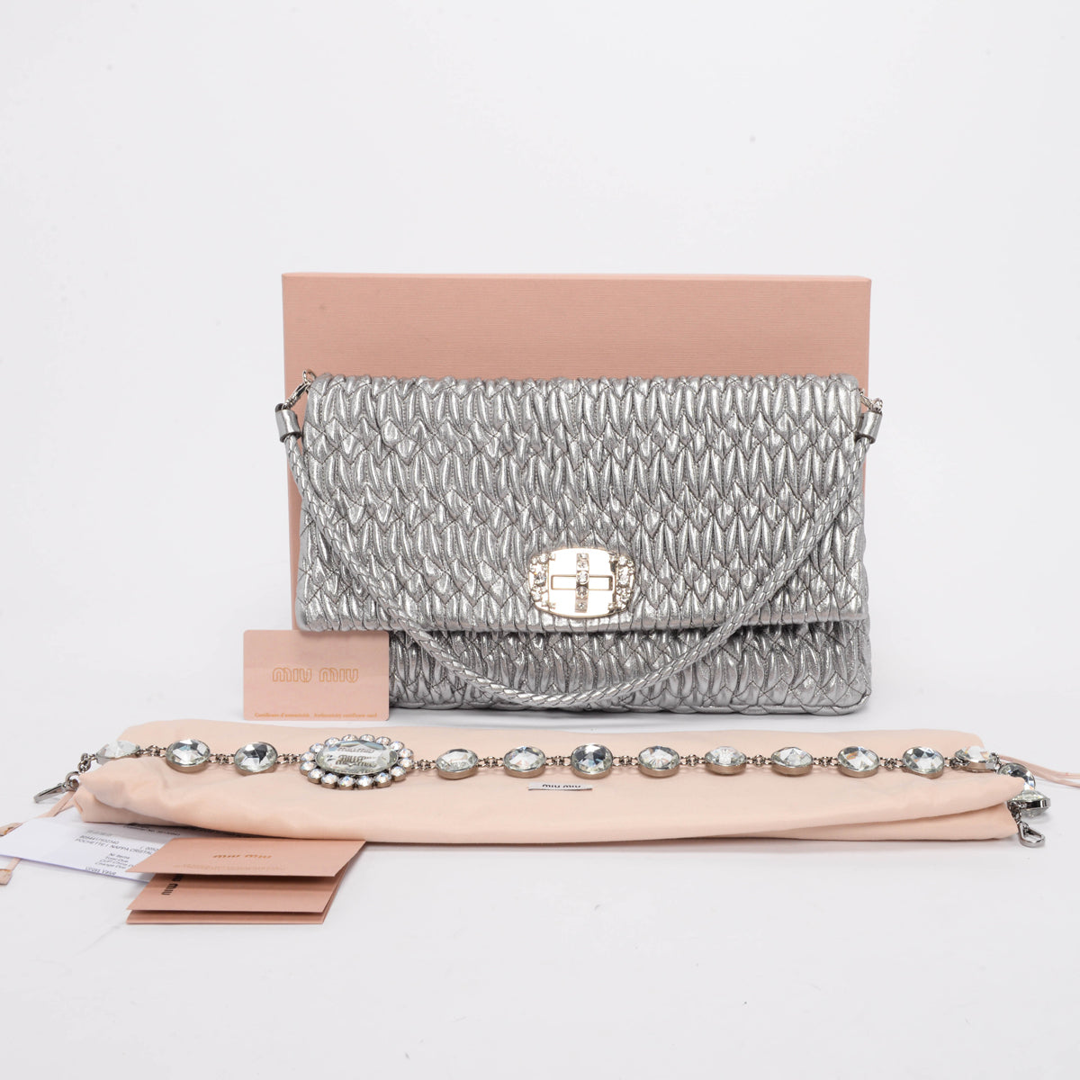 Miu Miu Silver Matelasse Nappa Crystal Shoulder Bag