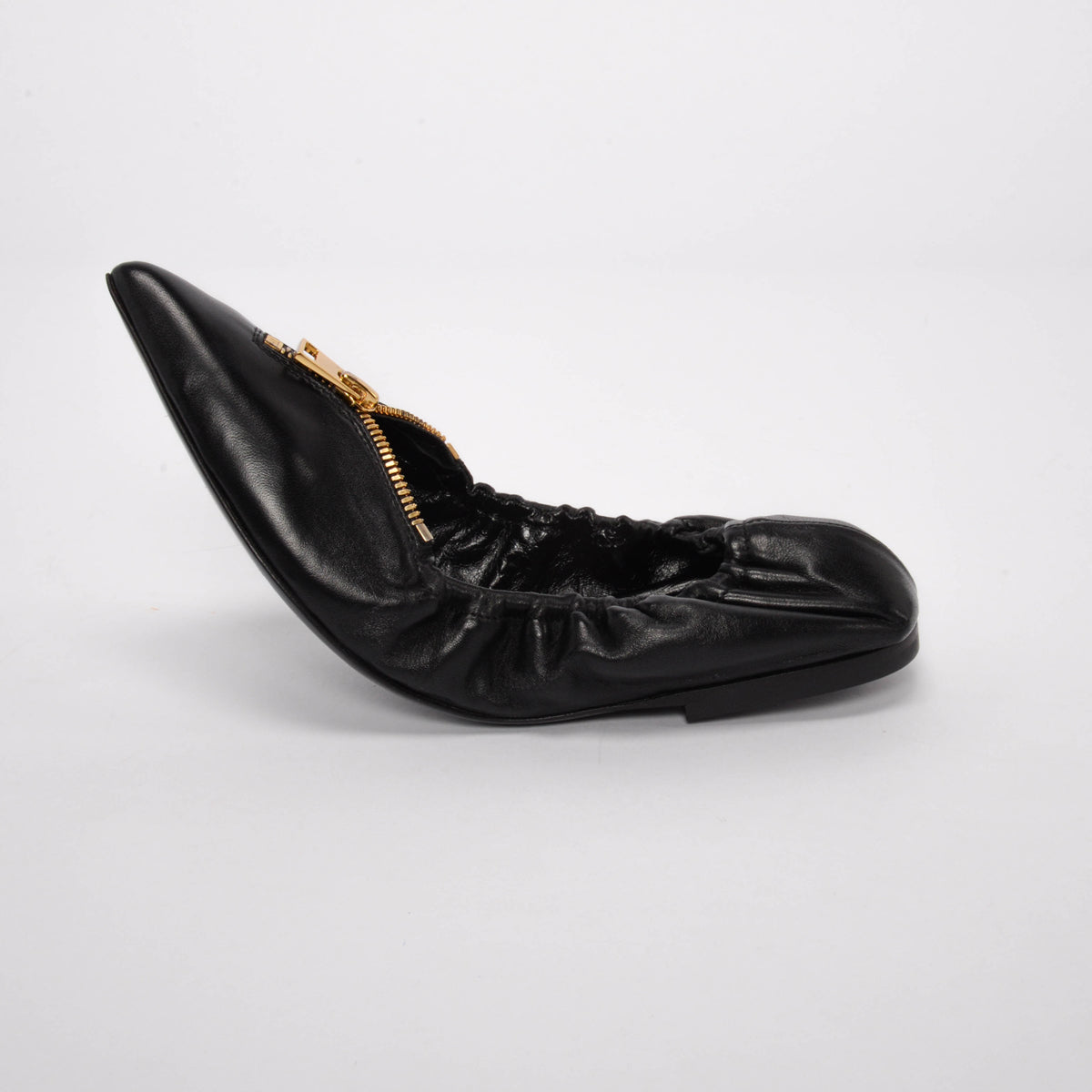 Tom Ford Black Leather Zip-Front Ballerina Flats 37