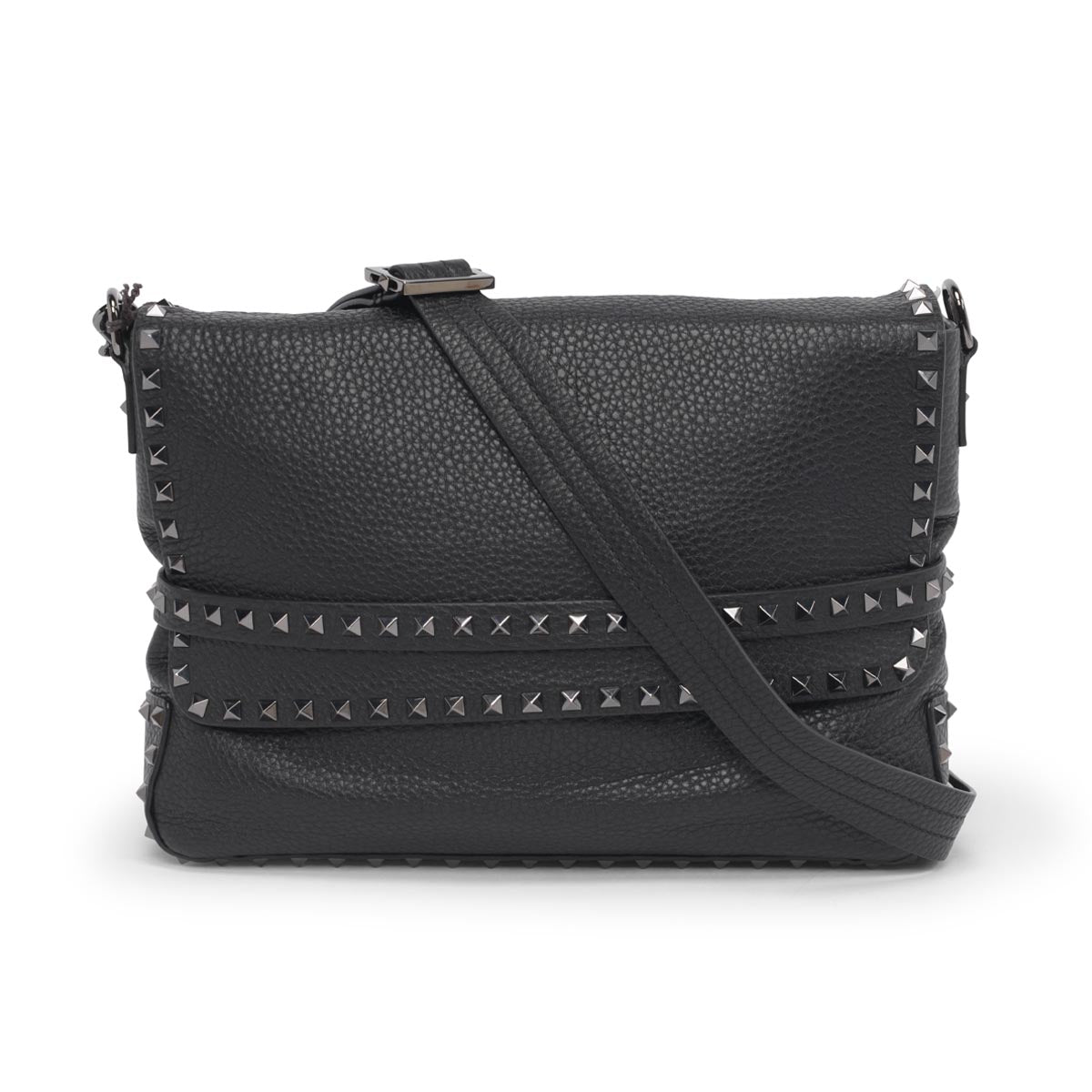 Valentino Black Grained Calfskin Rockstud Messenger Bag