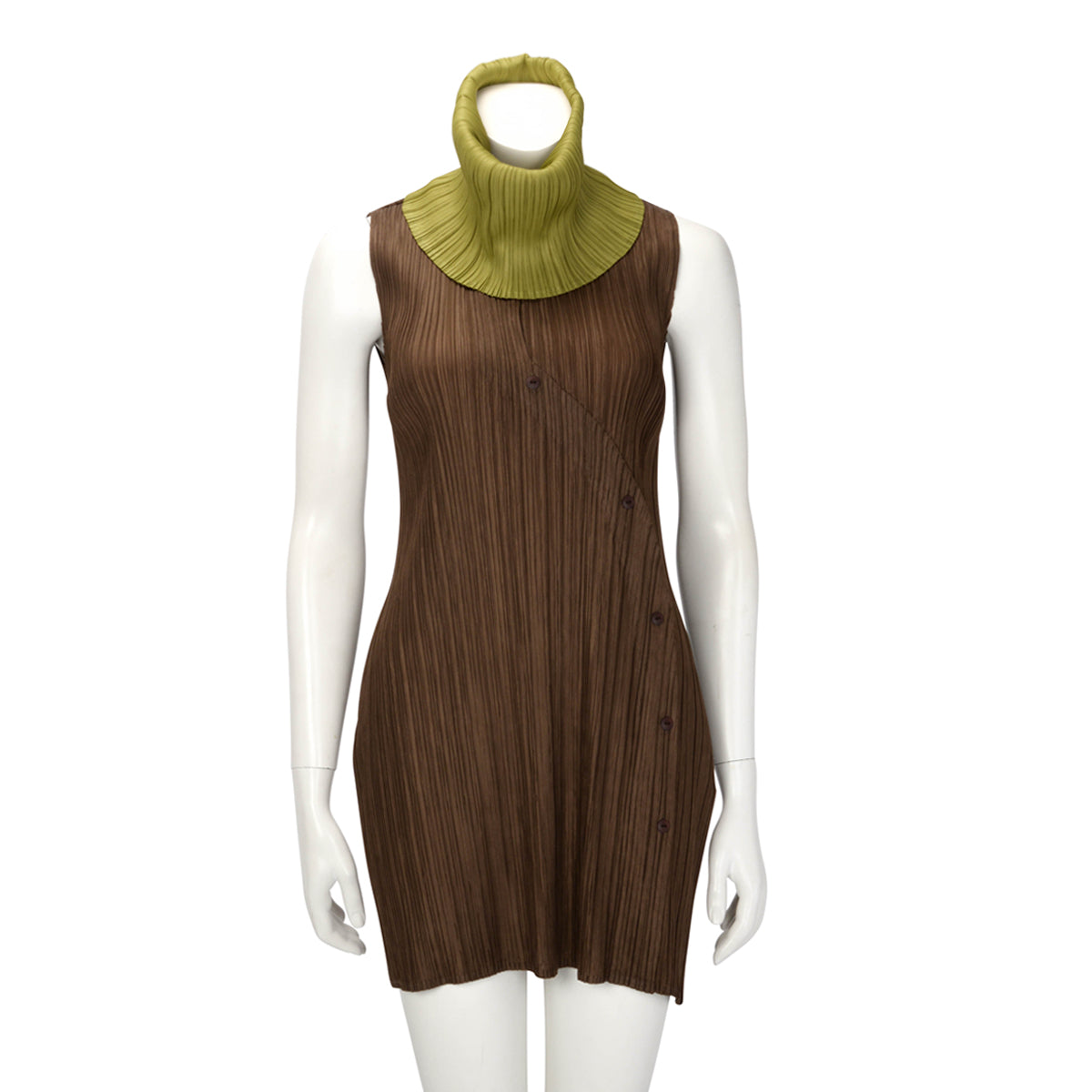 Pleats Please Green & Brown Pleated Collared Dress
