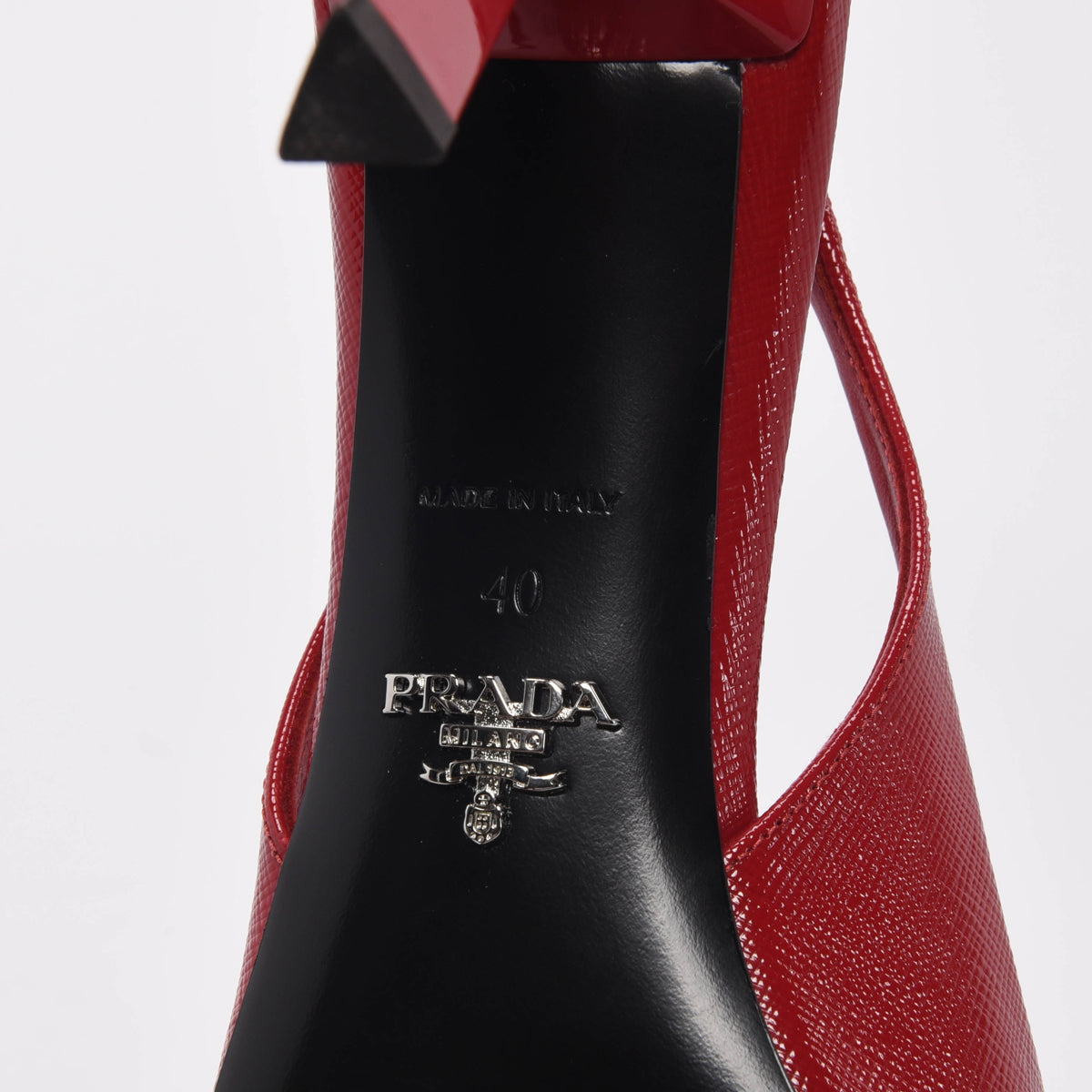 Prada Red Patent Saffiano Logo Slingback Pumps 40