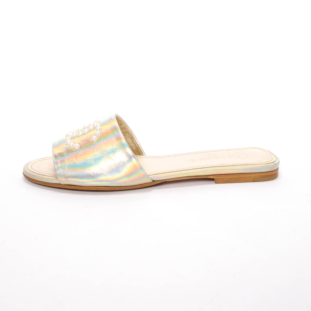 Chanel Champagne Iridescent Leather CC Pearl Slides 39