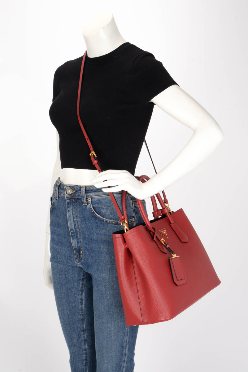 Prada Red Saffiano Cuir Medium Double Bag
