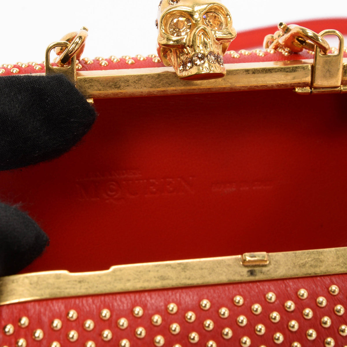 Alexander McQueen Red Studded Leather Skull Clutch + Chain