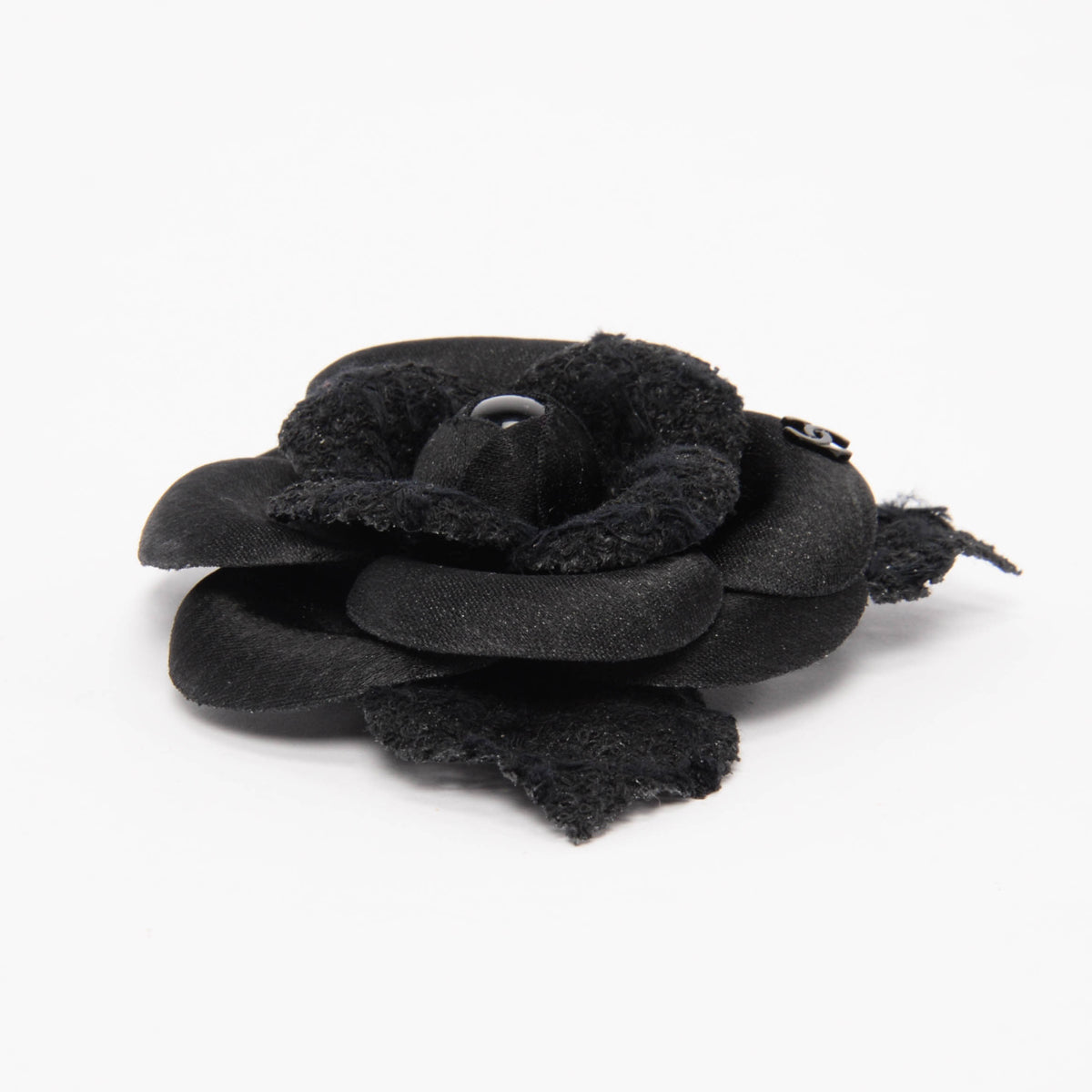 Chanel Black Satin & Tweed Camellia Brooch