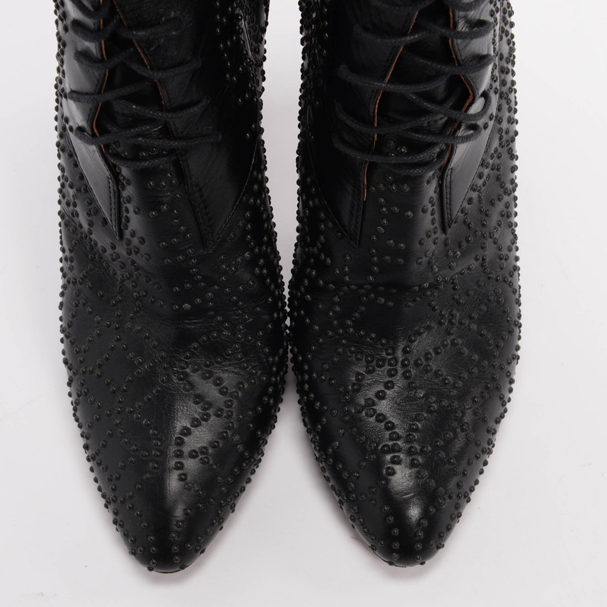 Alaia Black Calfskin Studded Lace Up Boots 38