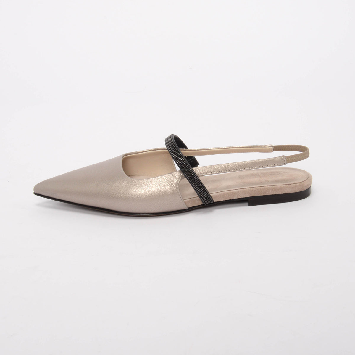 Brunello Cucinelli Pewter Leather Beaded Slingback Flats 37