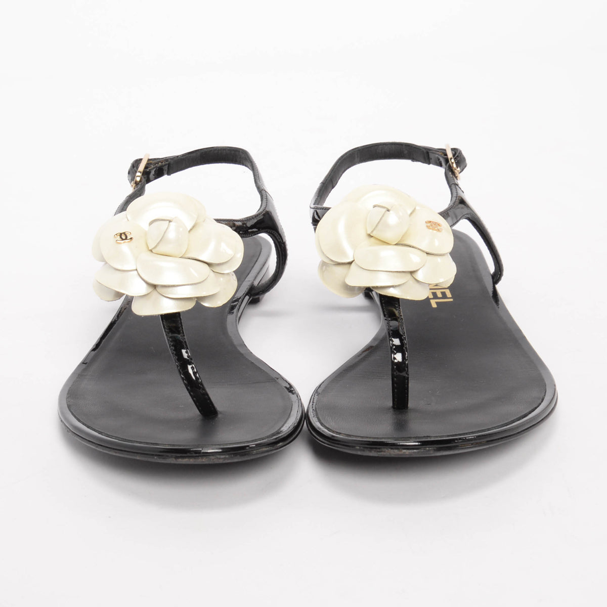 Chanel Black Patent CC Camellia Thong Sandals 37