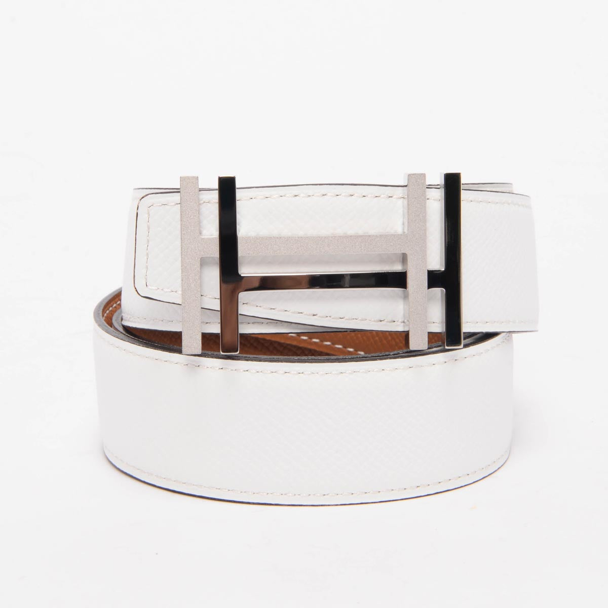 Hermes White & Gold Epsom H Au Carre Reversible Belt