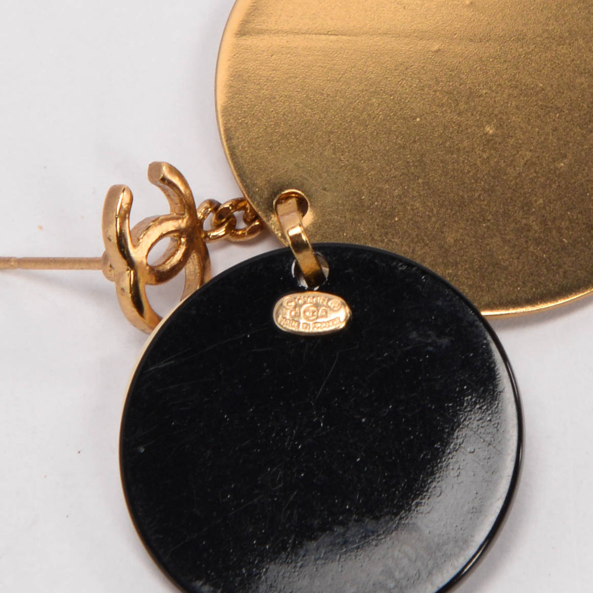 Chanel Gold Enamel CC Disc Drop Earrings