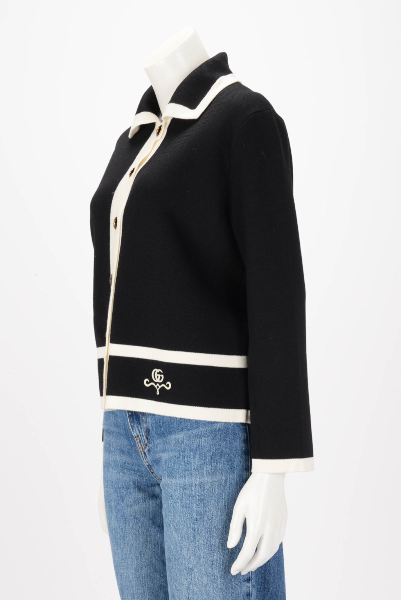 Gucci Black & Cream Wool Knit Logo Embroidered Cardigan M