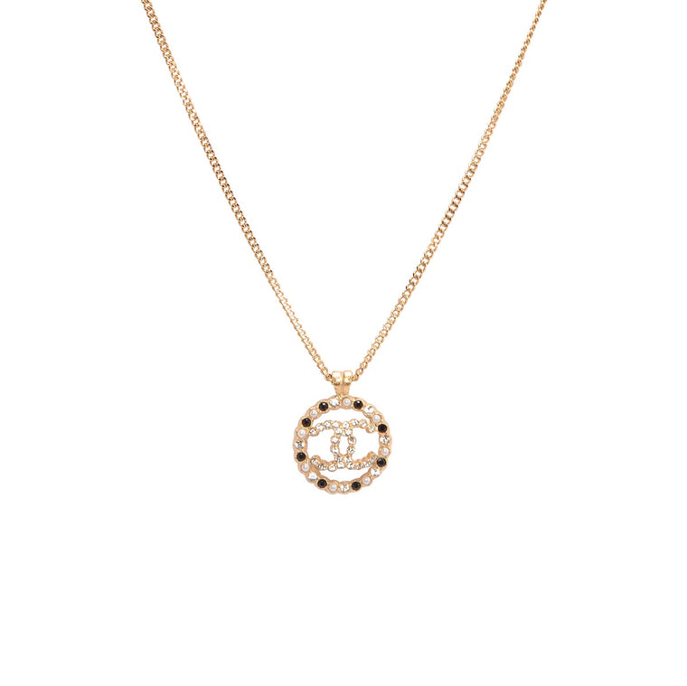 Chanel Gold Crystal & Pearl CC Medallion Necklace
