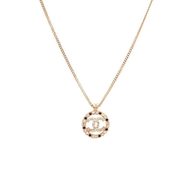 Chanel Gold Crystal & Pearl CC Medallion Necklace - Blue Spinach