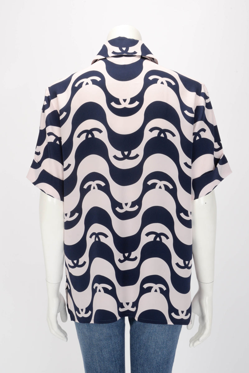Chanel Pink & Navy Silk CC Wave Print Shirt FR 38