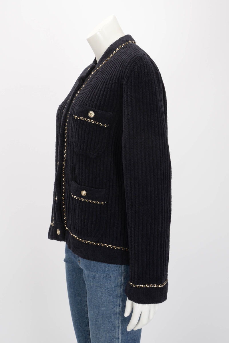 Chanel Black Chenille Chain Trim Cardigan FR 40