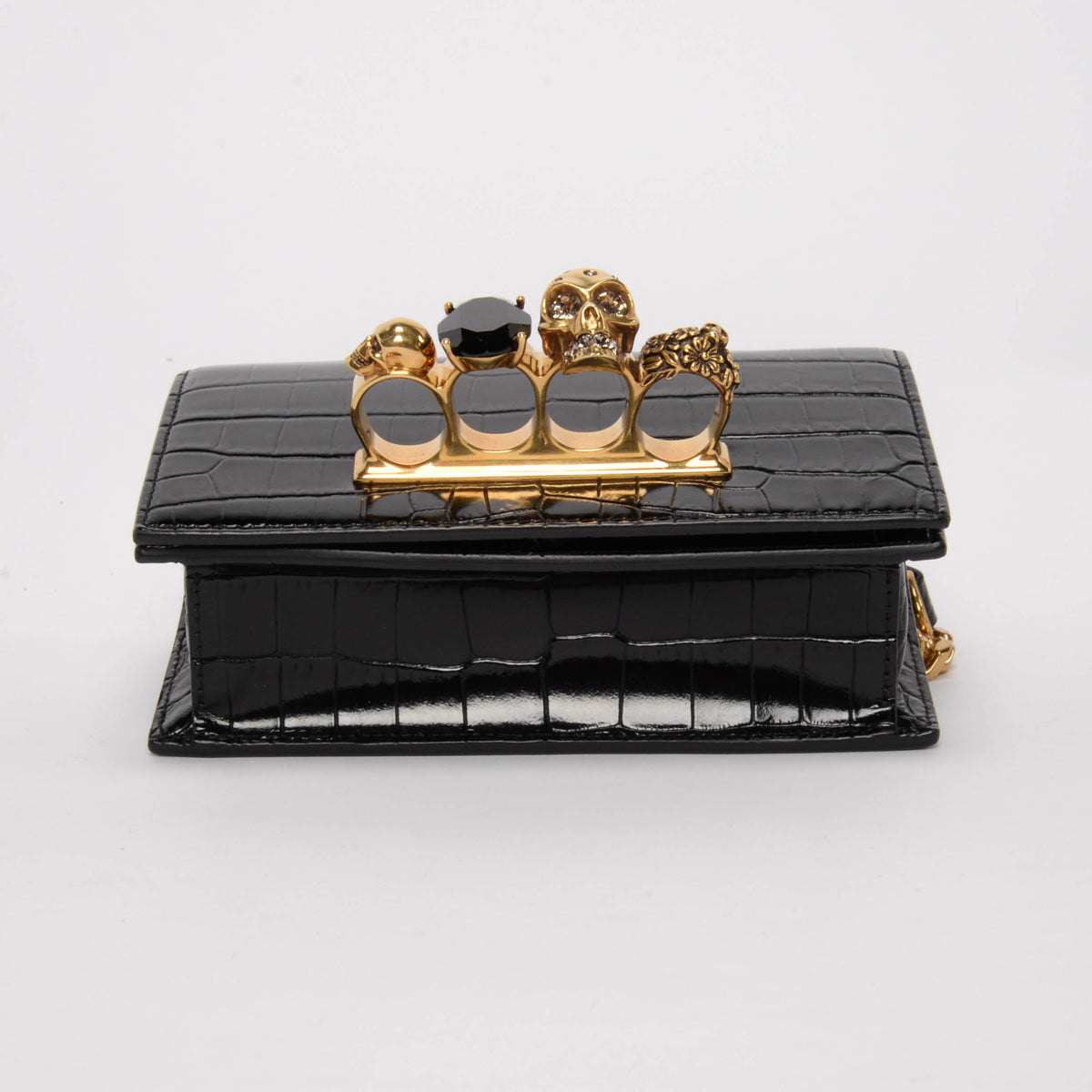 Alexander McQueen Black Croc Embossed Jewelled Skull Satchel Mini Bag