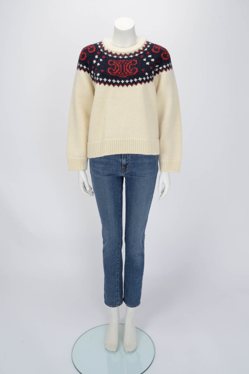 Celine Ivory Wool Fair Isle Triomphe Sweater M