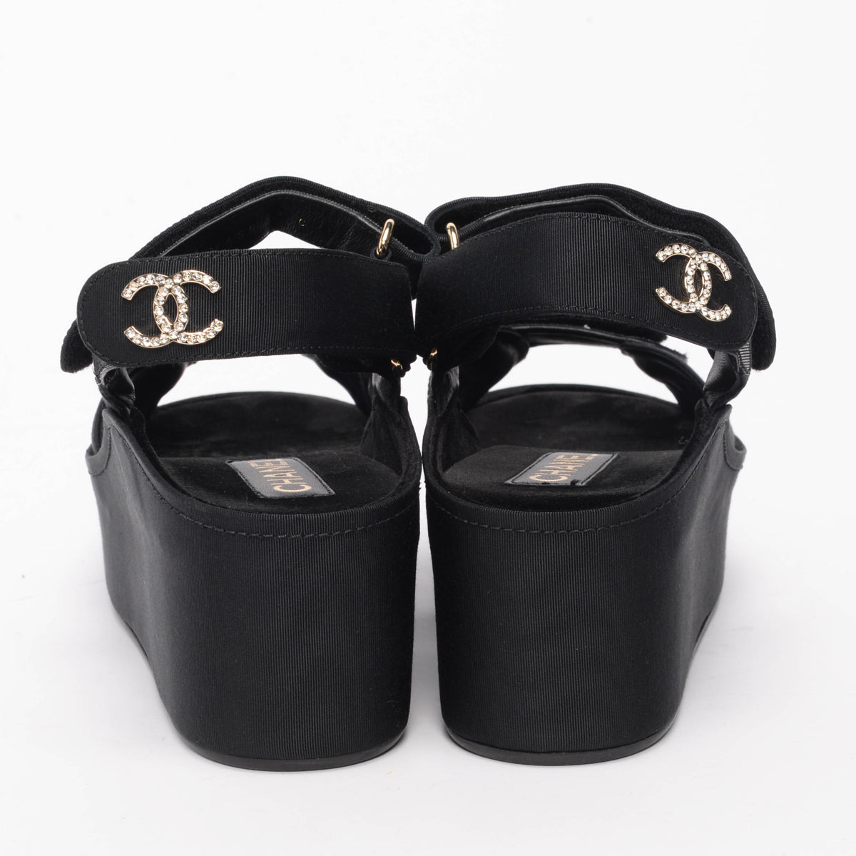 Chanel Black Grosgrain Crystal CC Platform Sandals 40