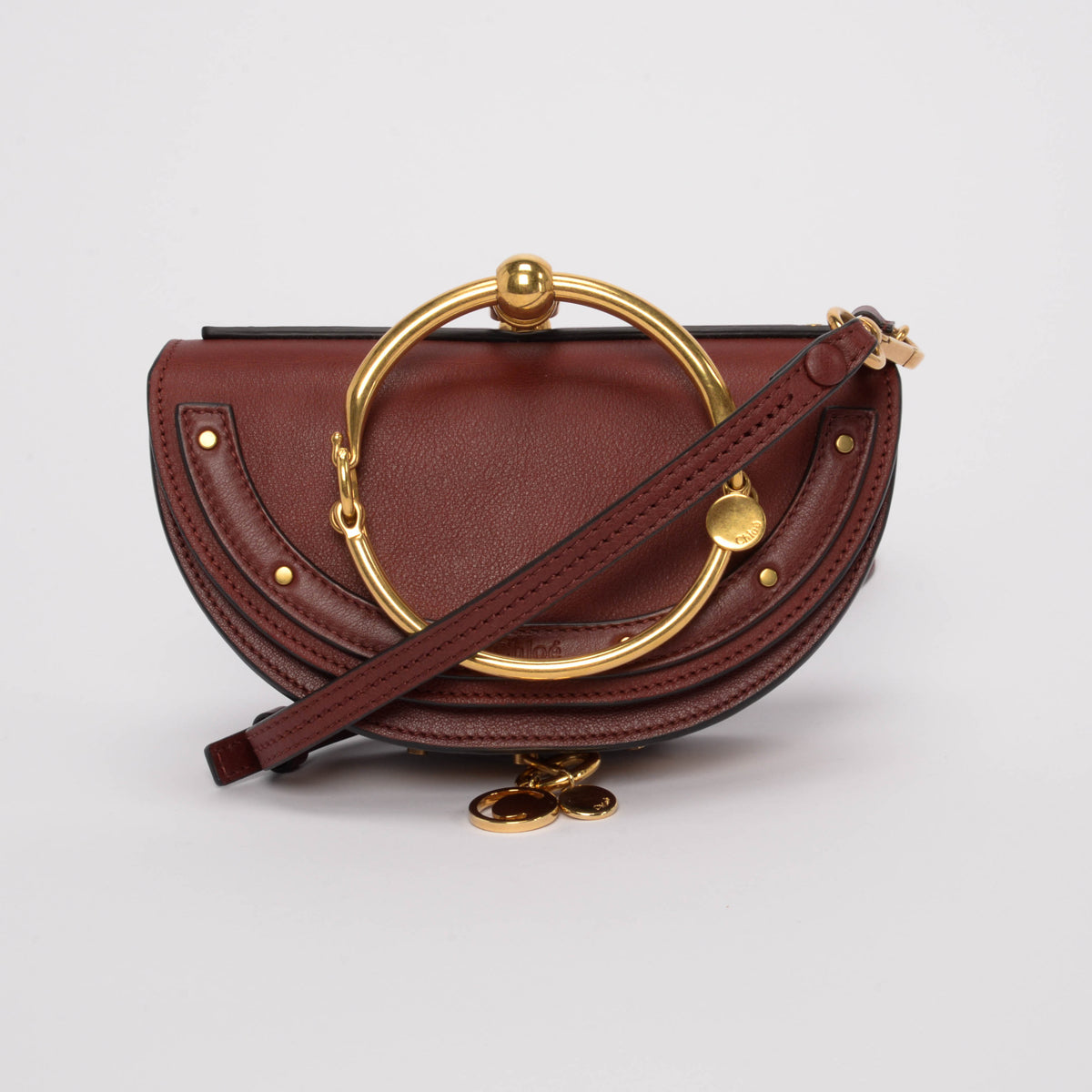 Chloe Burgundy Grained Calfskin Nile Minaudiere Bracelet Bag