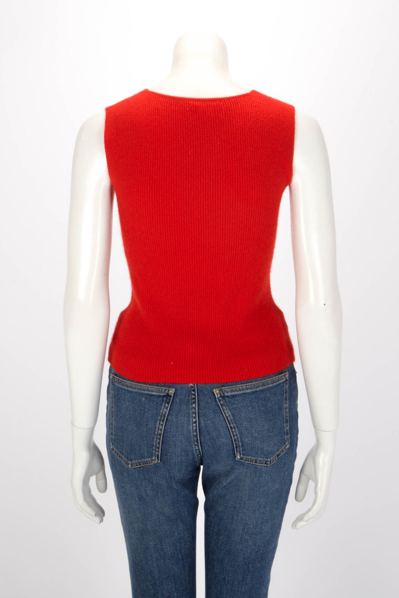 Chanel Red Ribbed Cashmere Knit Top FR 42