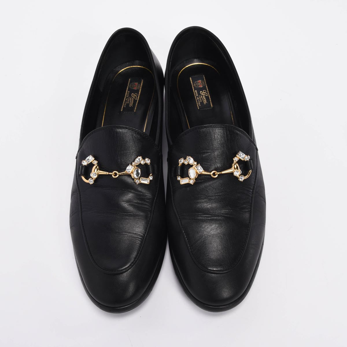 Gucci Black Malaga Kid Jordaan Crystal Horsebit Loafers 38