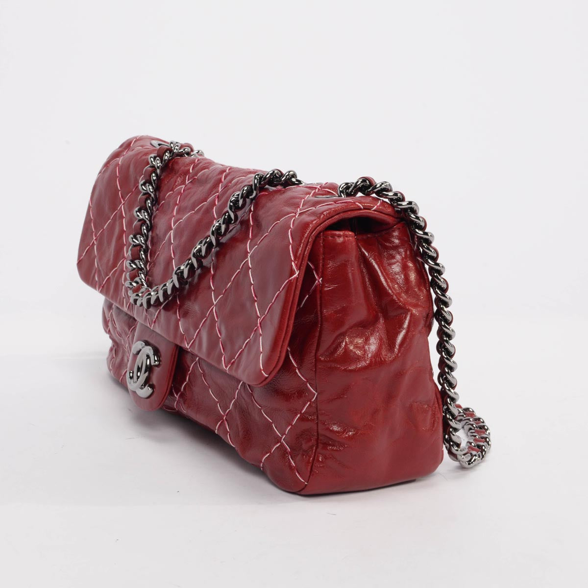 Chanel Dark Red Glazed Goatskin Double Stitch Flap Bag