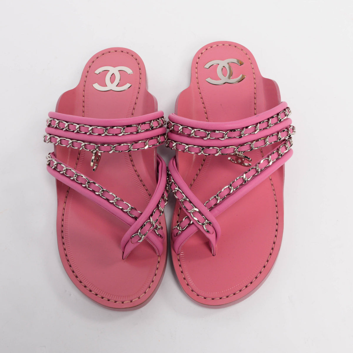 Chanel Pink Calfskin CC Chain Thong Sandals 38