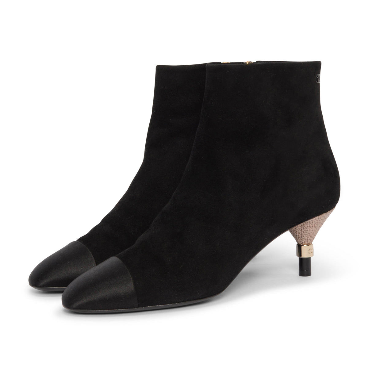 Chanel Black Suede & Satin Cap Toe Short Boots 38.5
