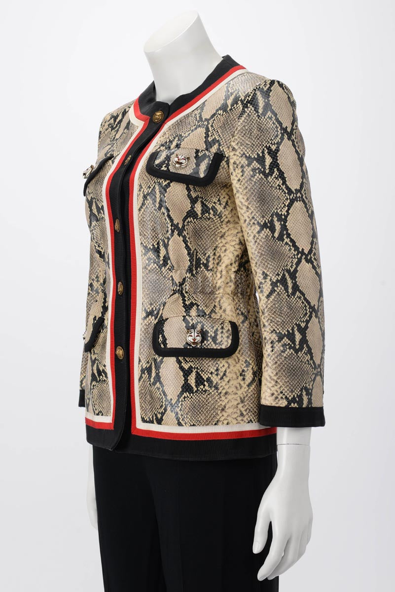 Gucci Beige Snake Effect Leather Web Trim Jacket IT 36