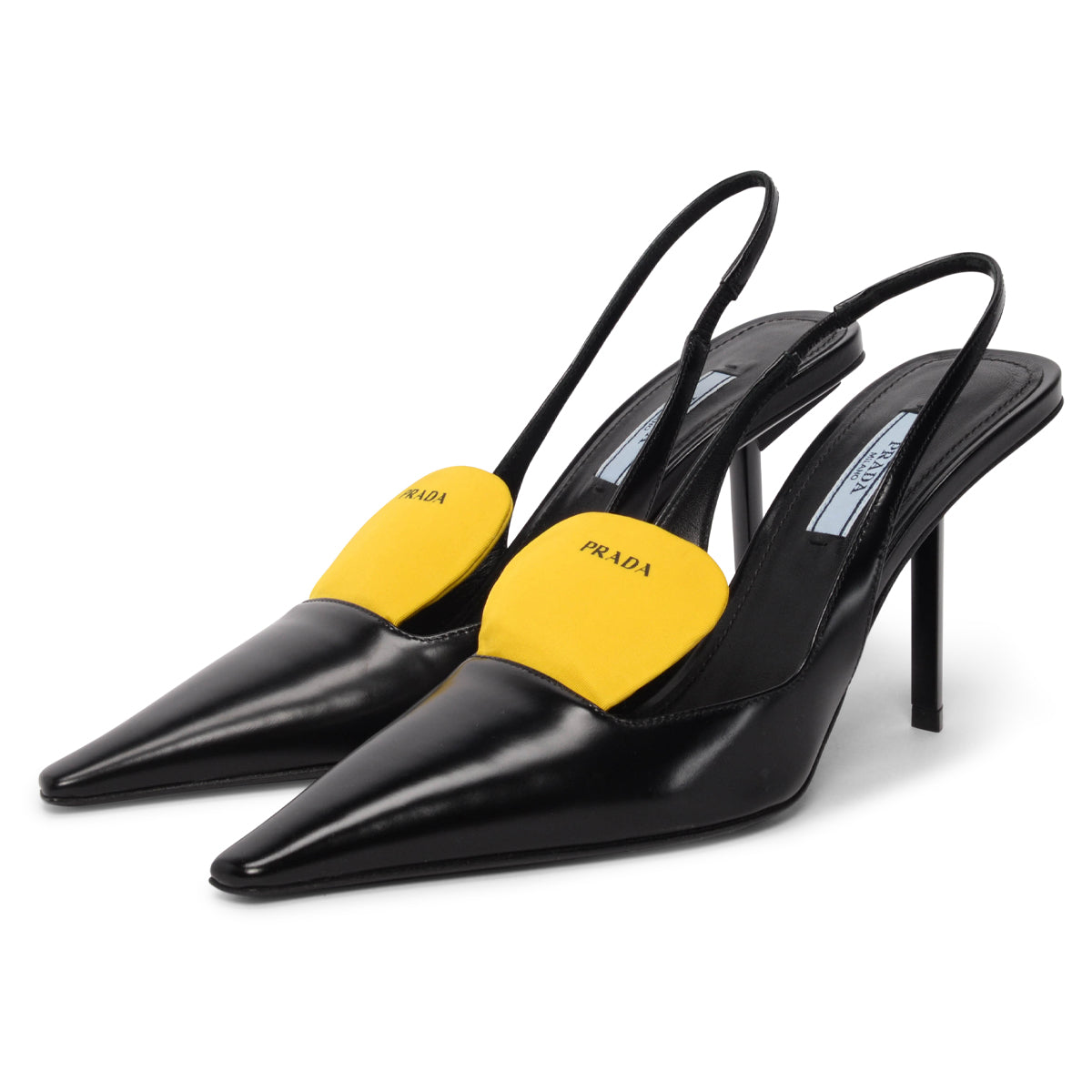 Prada Black Hi-Shine Logo Print Slingback Pumps 36