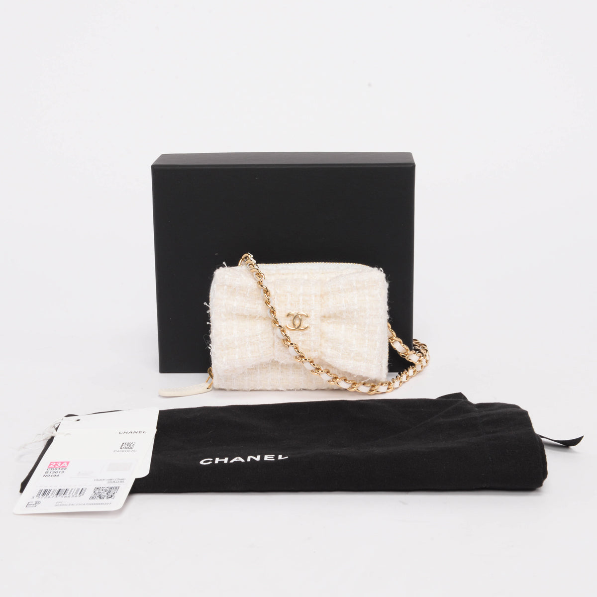 Chanel Cream Tweed CC Bow Card Holder on Chain