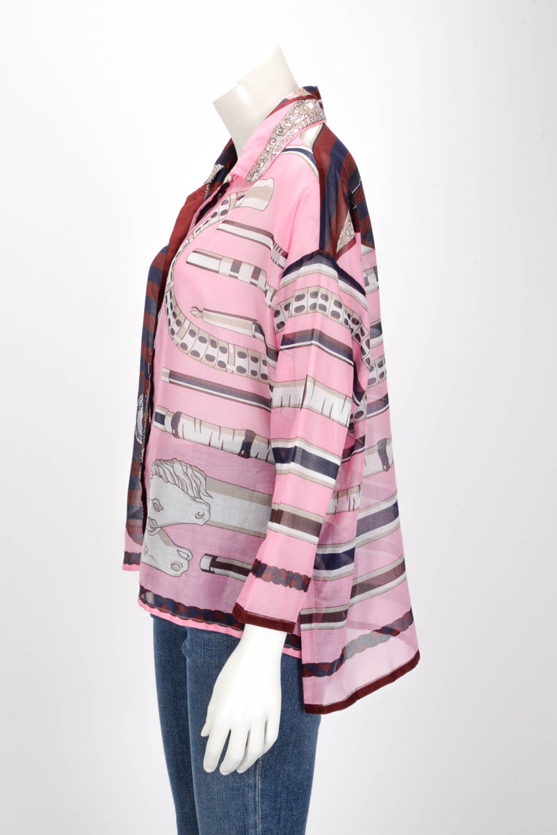 Hermes Pink & Burgundy Muslin Cotton Cannes et Cannes Shirt FR 38