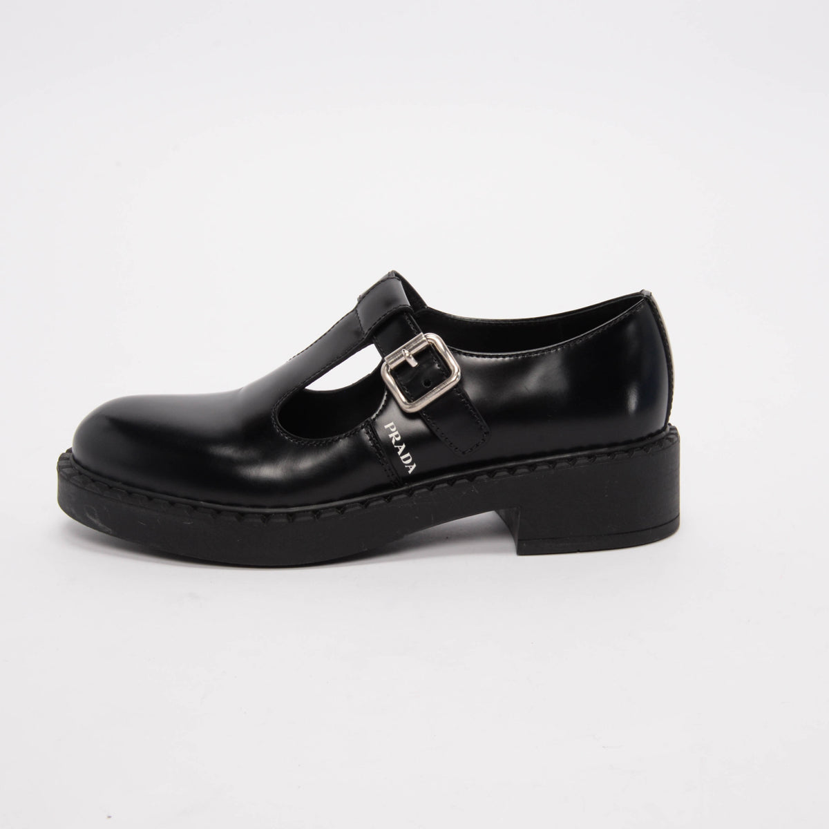 Prada Black Leather Mary Jane T-Strap Shoes 37.5