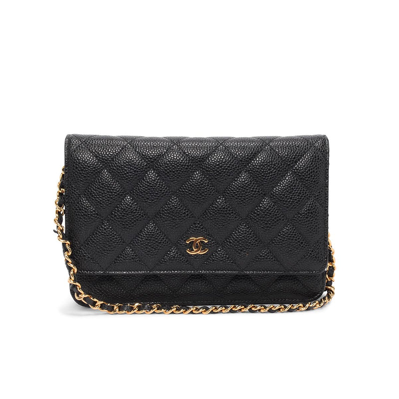 Chanel Black Caviar Classic Wallet On Chain - Blue Spinach