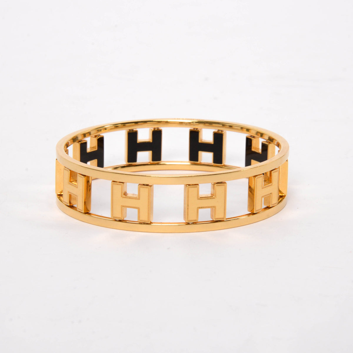 Hermes Black Enamel & Gold Plated Rondo Ash H Bangle