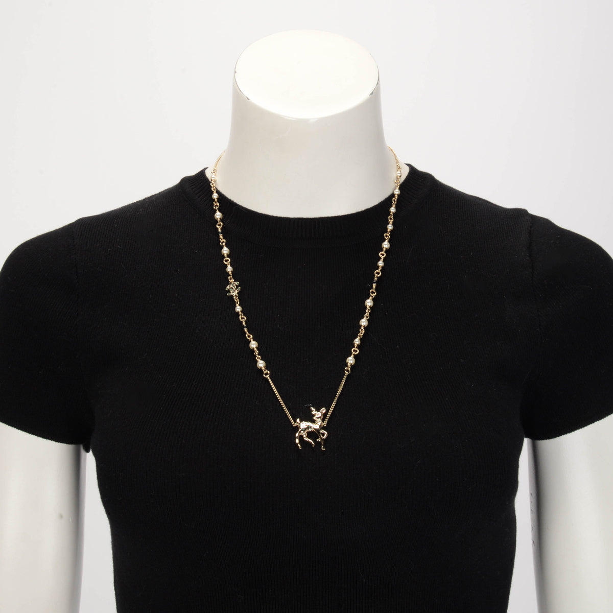 Chanel Light Gold & Emerald Crystal & Pearl Deer Pendant Necklace