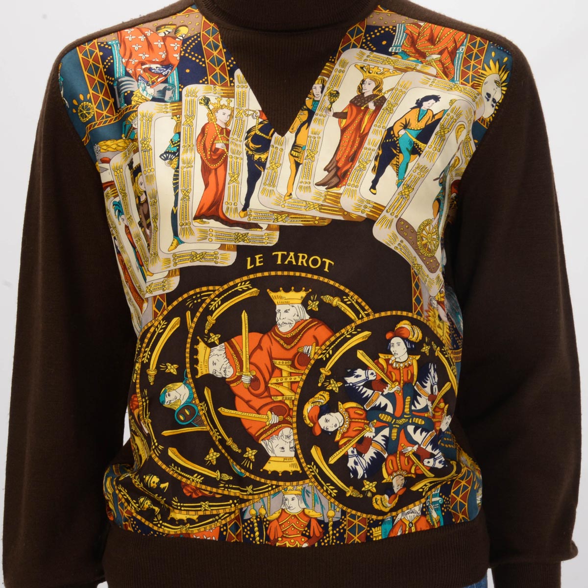 Hermes Brown Wool Le Tarot Silk Scarf Sweater FR 40