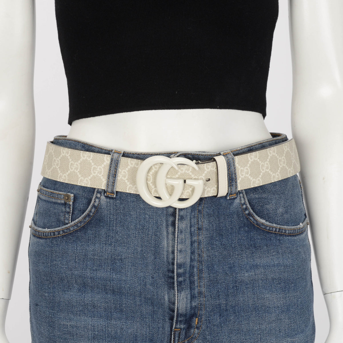 Gucci White GG Supreme Wide GG Marmont Belt