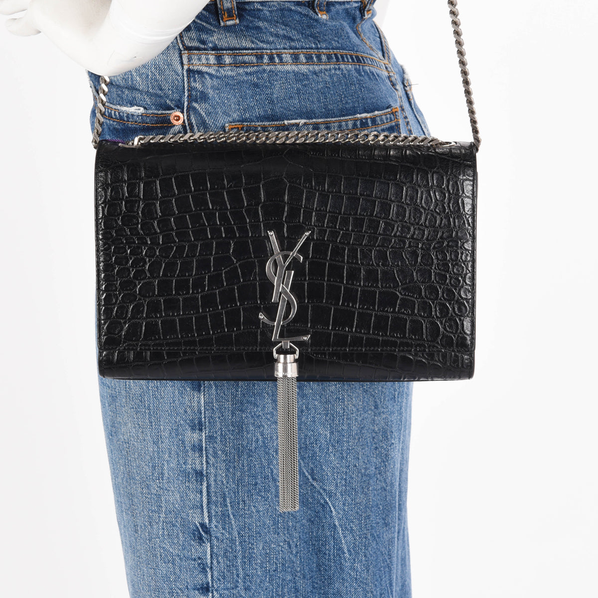 Saint Laurent Black Croc Embossed Medium Kate Tassel Bag