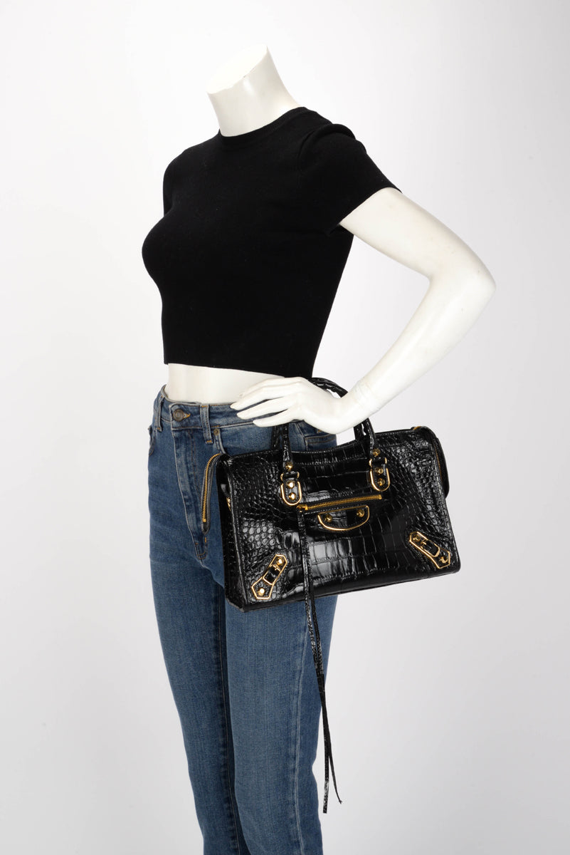 Balenciaga Black Croc Embossed Metallic Edge Small City Bag